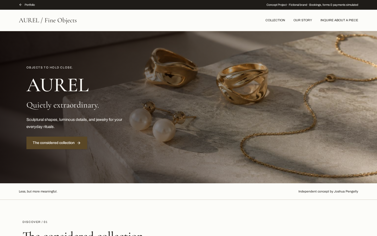 Actual desktop screenshot of AUREL / Fine Objects concept website