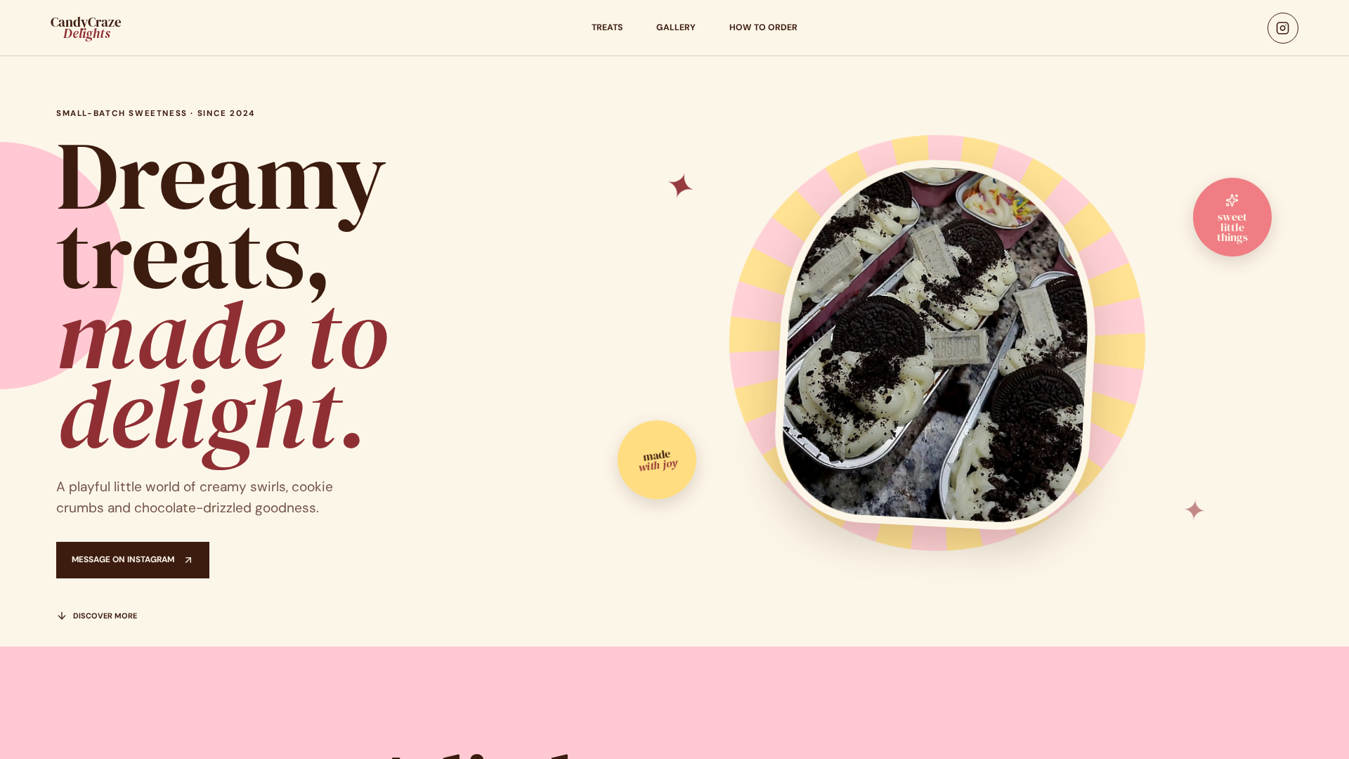 Authentic CandyCrazeDelights website screenshot: Dreamy treats, made to delight, cream and pink dessert showcase